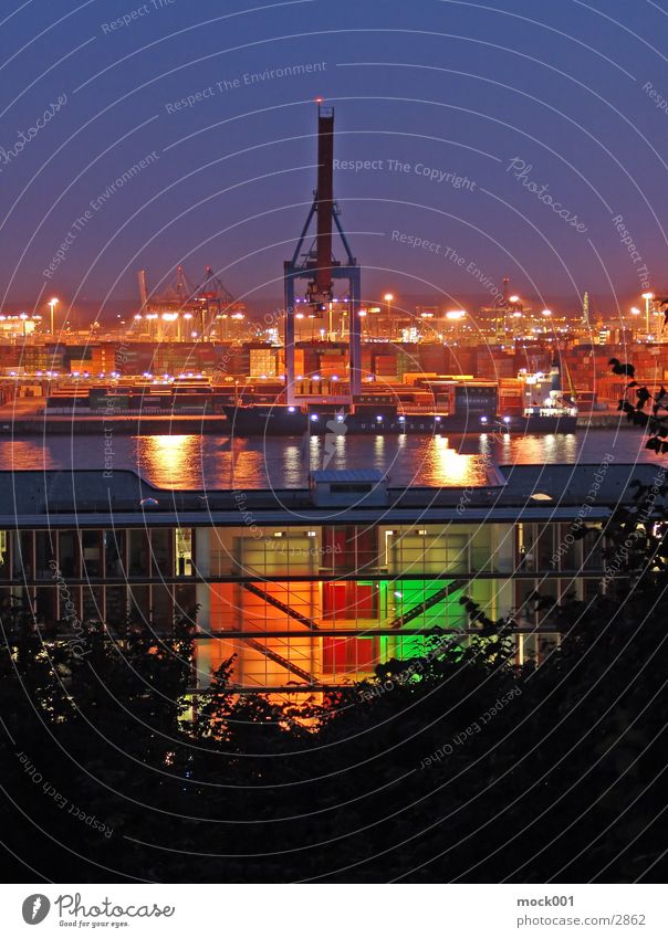 Port of Hamburg Back-light Light Multicoloured Crane Europe Germany. Hamburg Harbour Elbe Evening Sky Dusk Container