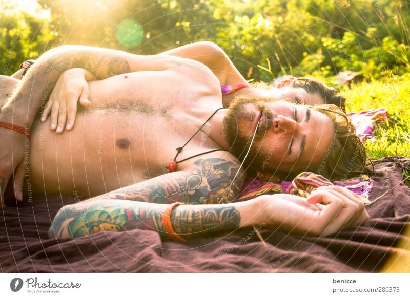 relaxed Man Woman Human being Masculine Couple Lovers Portrait photograph Summer Meadow Swimming & Bathing Vacation & Travel Sunbathing Relaxation Picnic