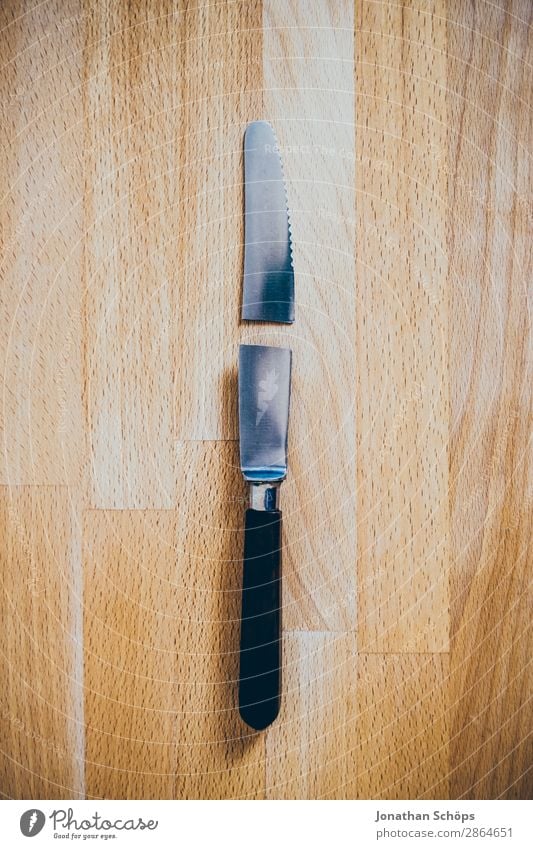 broken knife on cutting board Knives Wood Broken Funny Esthetic Divide Destruction Chopping board Kitchen Table Repair Divorce Copy Space Cooking Average