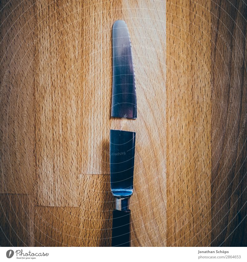 broken knife on cutting board Knives Wood Broken Funny Esthetic Divide Destruction Chopping board Kitchen Table Repair Divorce Copy Space Average Sharp thing