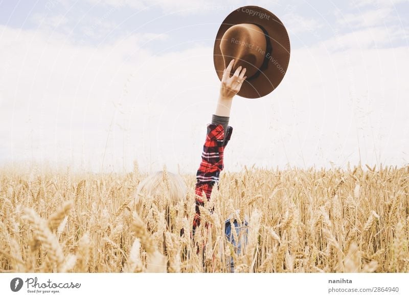 Hand holding a cowboy hat over a field of wheat Organic produce Lifestyle Happy Beautiful Wellness Contentment Relaxation Freedom Summer Agriculture Forestry