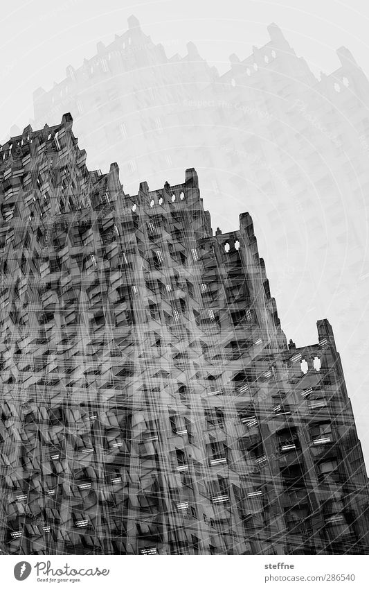 Gotham City St. Louis USA Town Downtown High-rise Wall (barrier) Wall (building) Facade Window Many Double exposure Black & white photo Exterior shot