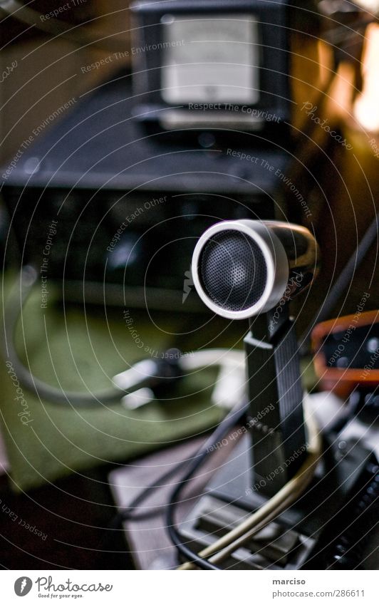 Mayday Microphone Radio technology Walkie-talkie Radio waves Retro Black Colour photo Interior shot Shallow depth of field