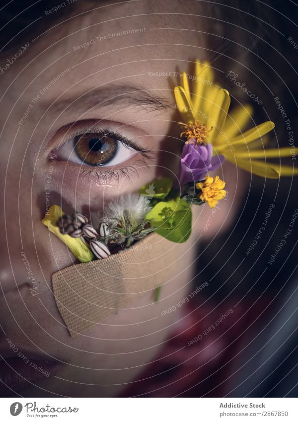 Person with aid stick with hope word and petals on face Face Hope Conceptual design Blossom leave Flower darkness aid band Word Small Fresh Plaster Adhesive