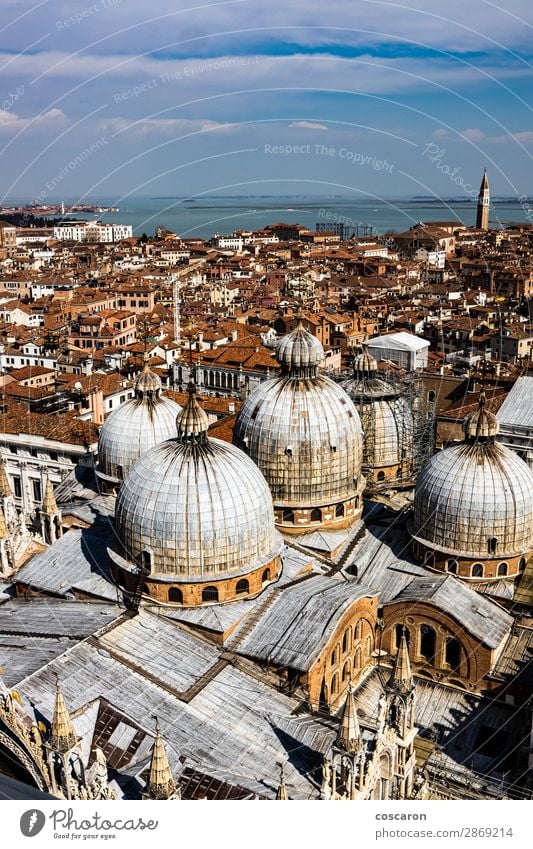 Panoramic aerial view of Venice with St. Mark's cathedral domes Vacation & Travel Tourism Ocean Island Landscape Town Capital city Skyline Church Dome Places