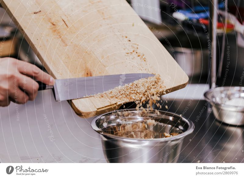 Male Hands Slicing Eggplant Knife Wooden Board Stock Photo by