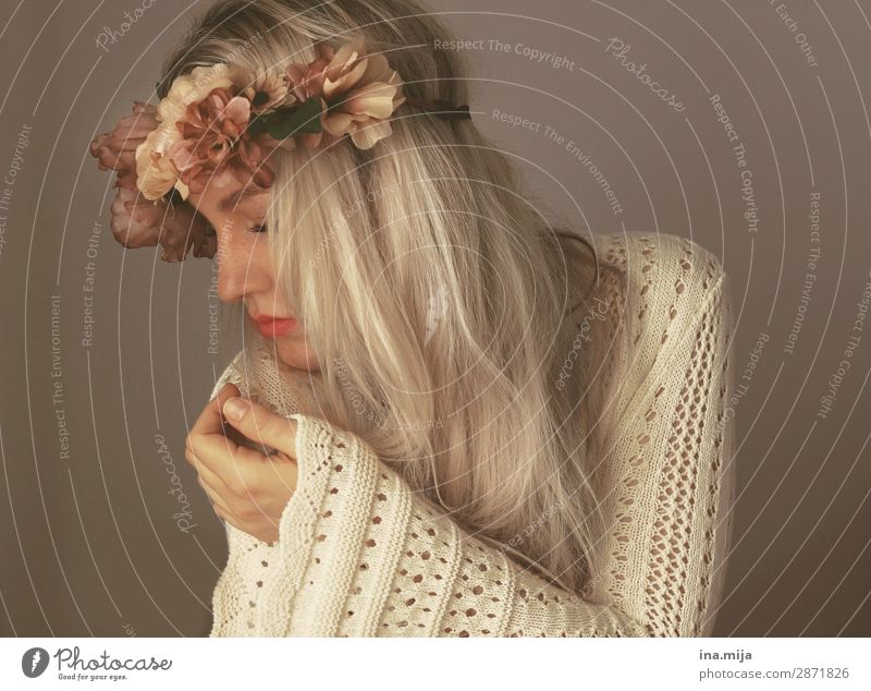 Sensitive Human being Feminine Young woman Youth (Young adults) Woman Adults 1 Fashion Clothing Sweater Accessory Flower wreath Hair and hairstyles Blonde