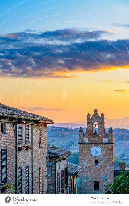 Sunset Over Gradara Tourism Clock Landscape Castle Building Monument Stone Old Historic Europe Italy Marche Ancient bell brick fort fortress heritage historical