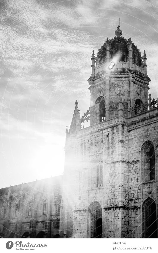 Sun in black and white Sky Clouds Sunlight Beautiful weather Lisbon Belém Portugal Old town Church Wall (barrier) Wall (building) Facade Religion and faith