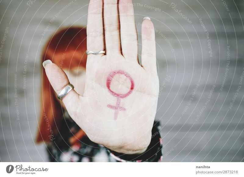 Young feminist with a female sign in her hand Lifestyle Human being Feminine Young woman Youth (Young adults) Woman Adults Hand 1 18 - 30 years Ring Red-haired
