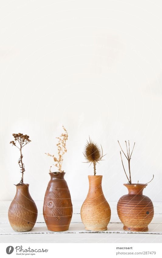 vases with dry flowers Vase Decoration Country house Style Wooden table Retro GDR Containers and vessels Pottery Clay Flower vase Dried flower Dry Shriveled