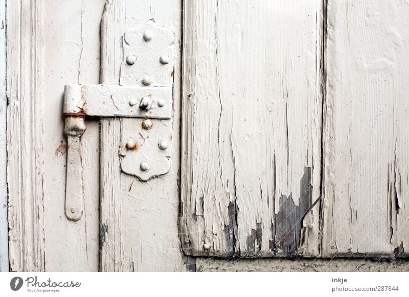 at home with Uromi (gazebo) Living or residing Door Metal fitting Wooden door Hinge Old Broken White Senior citizen Decline Transience Change Closed Derelict