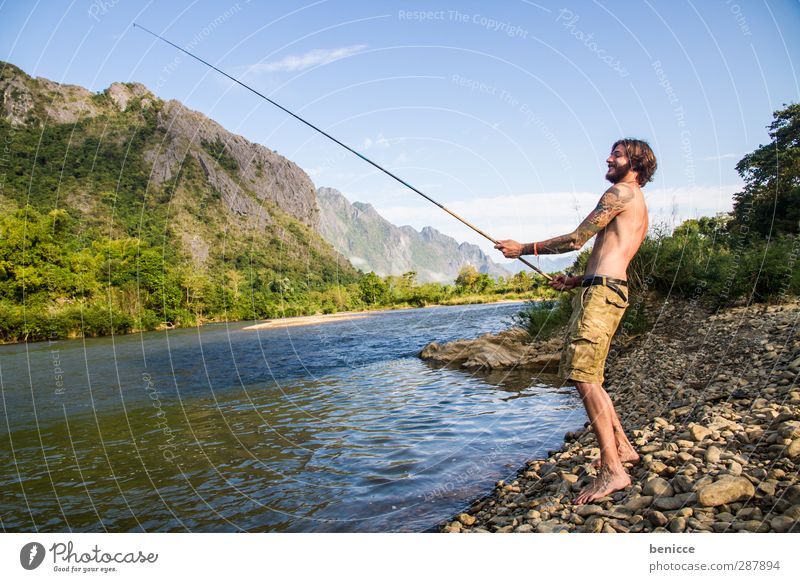 fisherman Man Human being Young man Fisherman Fishing (Angle) Fishing rod River Lake Lakeside River bank Hermit Facial hair Beard European Caucasian Smiling