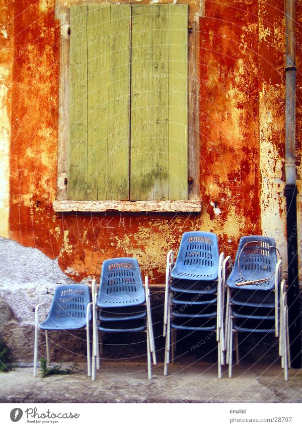 blue stools Chair Vacation & Travel Green Shutter Window Moody Summer Summer vacation Architecture Blue Orange
