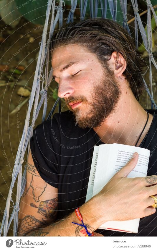 nodding books Man Human being Hammock Book Reading Vacation & Travel Youth (Young adults) Young man Novel Print media Relaxation Sleep Facial hair Beard