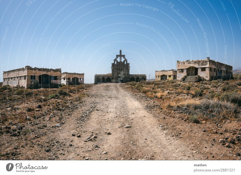 the abandoned Leprastadt Landscape Sand Sky Cloudless sky Spring Beautiful weather Desert Village Deserted House (Residential Structure) Church Ruin
