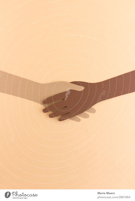 Two paper hands shake hands Success Team Hand 2 Human being To hold on Communicate Esthetic Friendliness Together Brown Virtuous Power Acceptance Protection