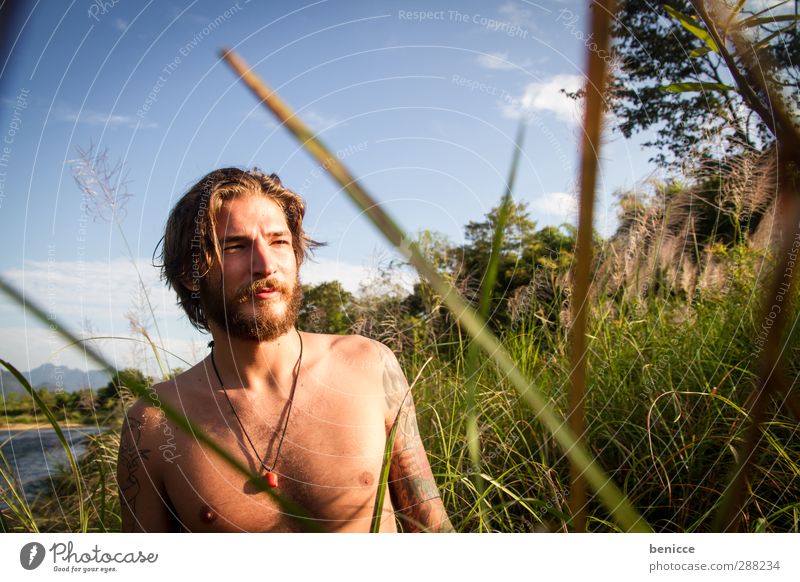 In the reeds Man Human being Young man Nature Grass Common Reed Stand Masculine Exterior shot Lake River Portrait photograph Facial hair Beard Naked Upper body