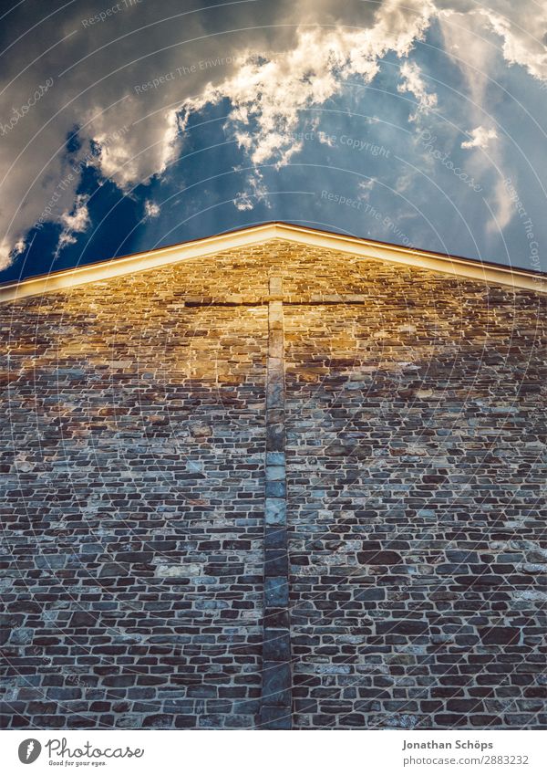 Facade of a church with cross and cloudy sky Air Weather Beautiful weather Town Church Architecture Esthetic Religion and faith God Jesus Christ Sky Heaven