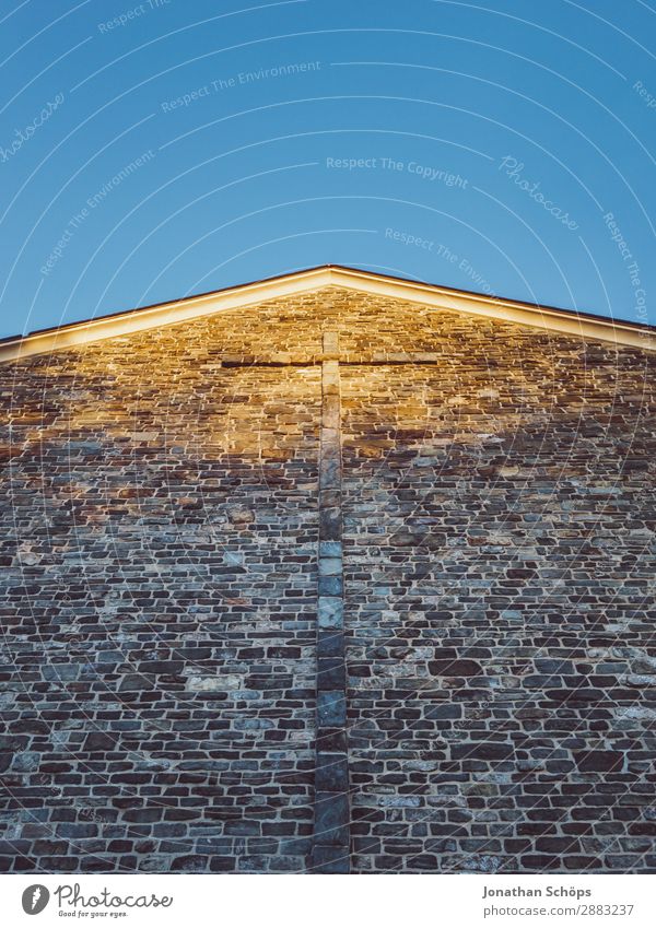 Facade of a church with cross in front of blue sky Church Wall (barrier) Wall (building) Apocalyptic sentiment Peace Religion and faith Trust Earth God