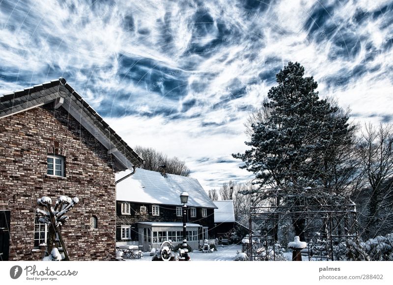 Home Sweet Home Winter Beautiful weather Snow House (Residential Structure) Slate Brick Lantern Clouds in the sky Cloud cover Colour photo Exterior shot