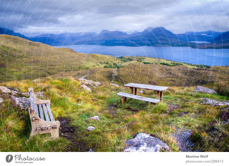 Bench with view Vacation & Travel Trip Far-off places Nature Landscape Plant Clouds Grass Hill Mountain Bay applecross Great Britain Scotland Europe Break Calm