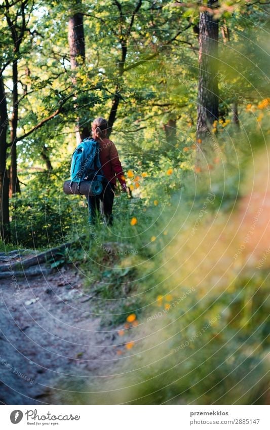 Woman hiker with backpack walking in forest during summer trip Lifestyle Beautiful Relaxation Leisure and hobbies Vacation & Travel Adventure Freedom Summer
