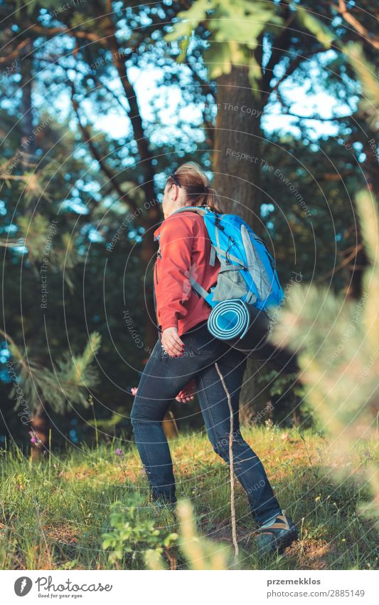 Woman hiker with backpack in forest during summer trip Lifestyle Beautiful Relaxation Leisure and hobbies Vacation & Travel Adventure Freedom Summer Hiking