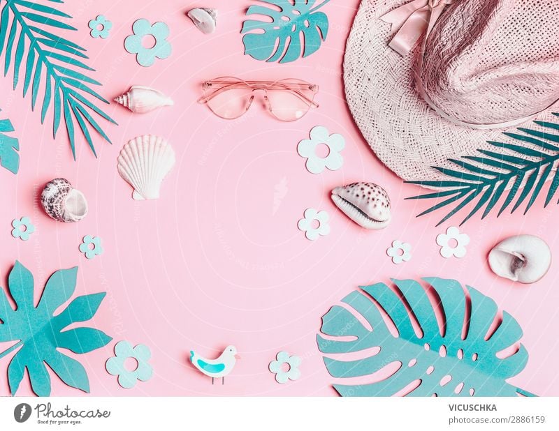 Summer background with sun hat and shells Design Vacation & Travel Summer vacation Sunbathing Beach Leaf Accessory Sunglasses Hat Pink Turquoise