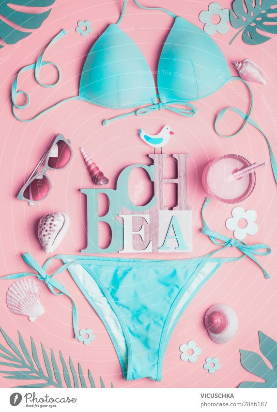 Female beach accessories and bikini on pink Shopping Style Design Vacation & Travel Summer Summer vacation Sunbathing Beach Ocean Feminine Fashion Clothing