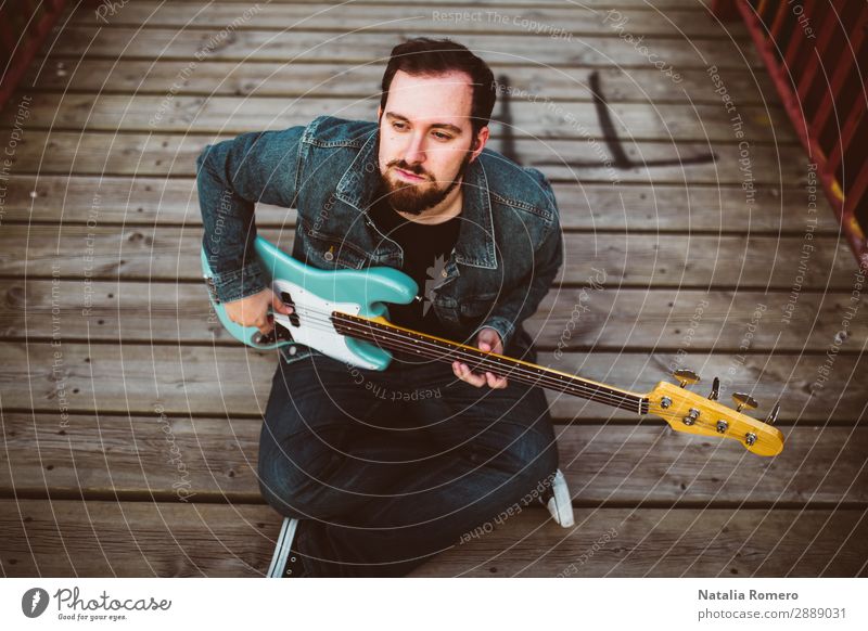 outdoor photo session with a bass player and his instruments Playing Entertainment Music Human being Man Adults Concert Band Musician Guitar Nature Rock Black