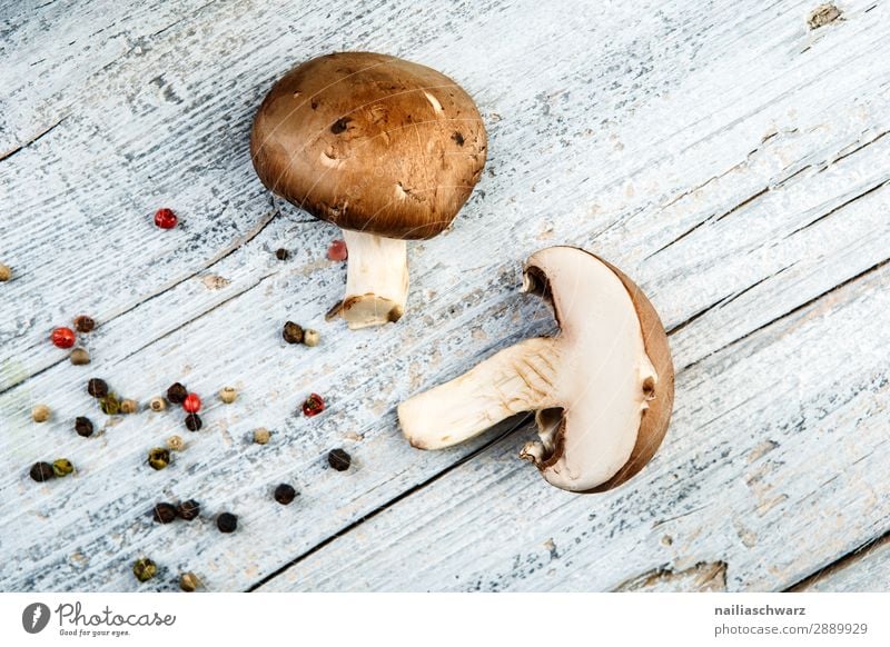 mushrooms and pepper Food Herbs and spices Button mushroom Pepper Peppercorn Nutrition Organic produce Vegetarian diet Healthy Eating Table Wooden table Fresh