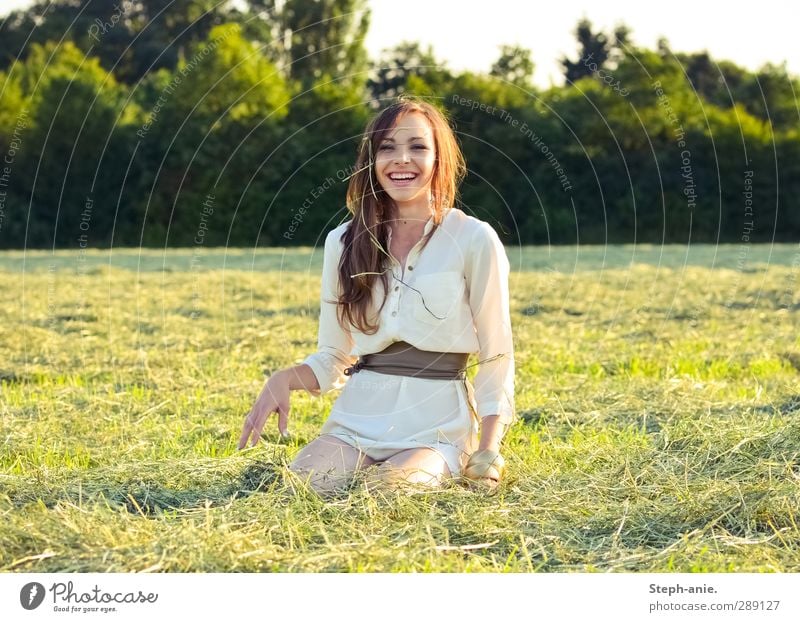 Touch a new day. Feminine Young woman Youth (Young adults) 1 Human being 13 - 18 years Child Summer Beautiful weather Tree Grass Meadow Dress Belt Brunette