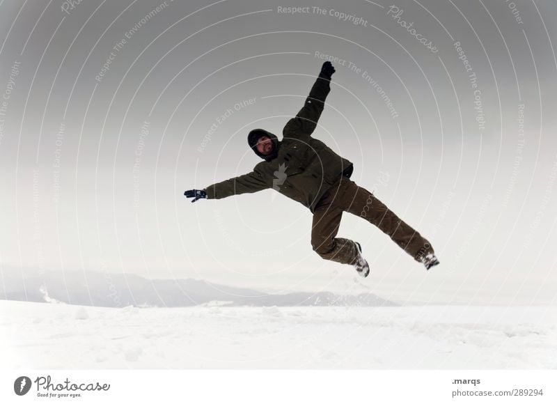 jumper Winter vacation Human being Masculine Adults Landscape Sky Storm clouds Climate Climate change Bad weather To fall Jump Cold Funny Athletic Emotions Joy