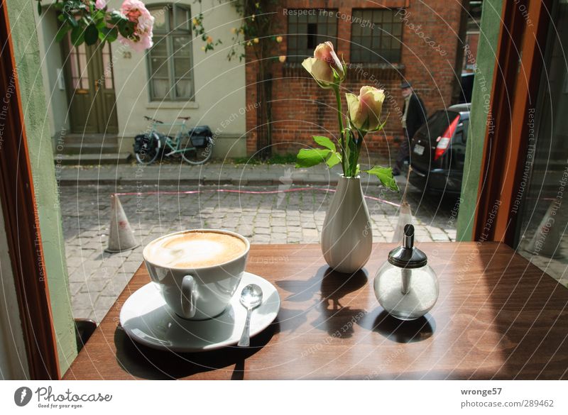 A place of happiness Hot drink Latte macchiato Café au lait Crockery Cup Spoon Sugar bowl Happy Summer Table Window Eating Drinking Hanseatic City Wismar