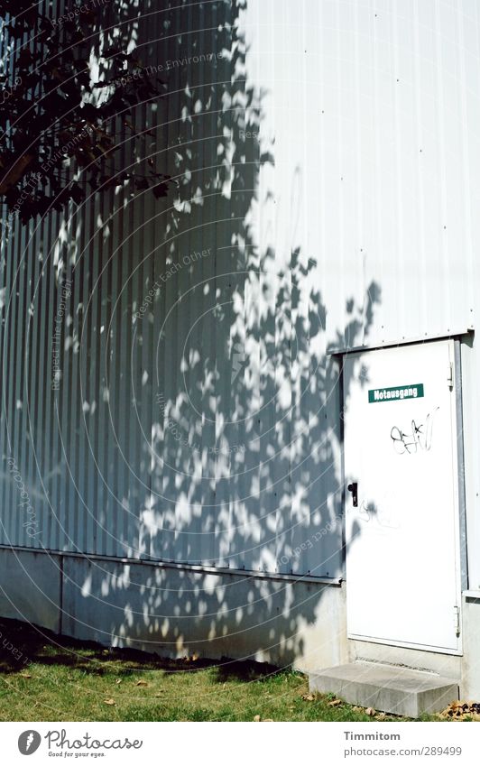 End of the world A Way Out? Factory Wall (barrier) Wall (building) Door Metal Wait Simple Gray Green White Emergency exit Tree Shadow Grass Colour photo