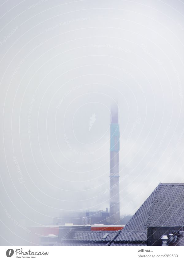 Chimney in fog, with pressure dressing roofs Fog Town House (Residential Structure) Manmade structures Building Bad weather Foggy weather poor visibility.