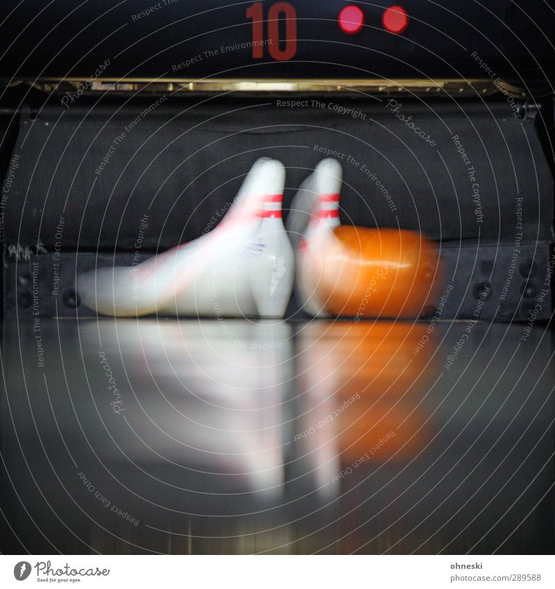 savings Leisure and hobbies Playing Bowling Bowling alley Bowling ball Skittle Speed Dynamics Colour photo Interior shot Copy Space bottom Motion blur