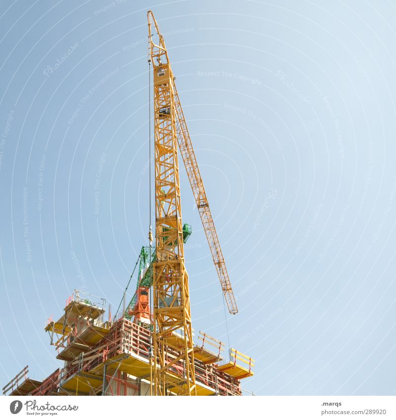 superstructure Work and employment Economy Industry Construction site Success Construction machinery Sky Cloudless sky Crane Build Tall Blue Yellow Beginning