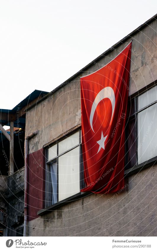 Turkey. Town Port City Loneliness Flag Sunset Tower block Curtain White Blow Flat roof Open Window Hang up Housefront Indigenous Istanbul Ensign Republic