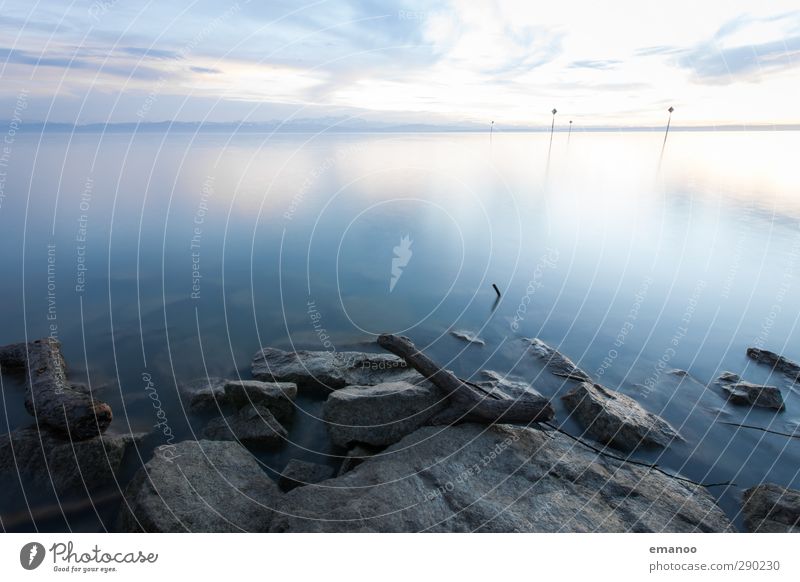 Lake Constance II Nature Landscape Water Sky Horizon Sunrise Sunset Rock Alps Coast Lakeside Cold Soft Gray Surface of water Flat Navigation mark