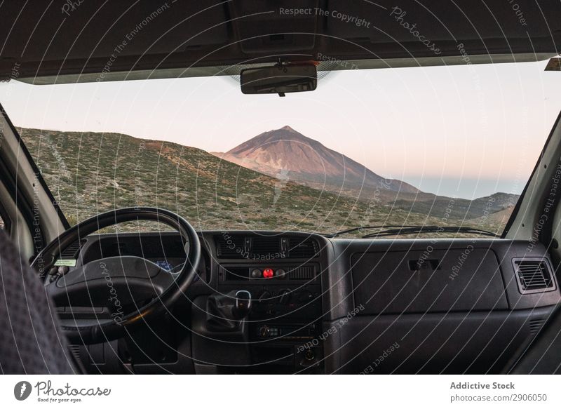 View from automobile on top of hill Car Mountain Top Teide Tenerife Canaries Spain Peak Vantage point Hill Picturesque Amazing Landscape Nature