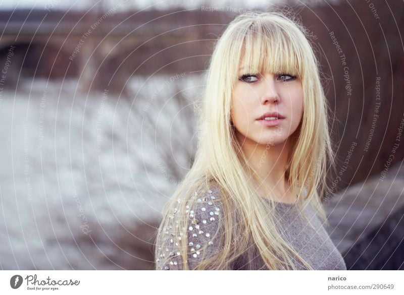 I'll go with you Beautiful Feminine Young woman Youth (Young adults) Adults 1 Human being 18 - 30 years Winter River Bridge Sweater Blonde Long-haired Bangs