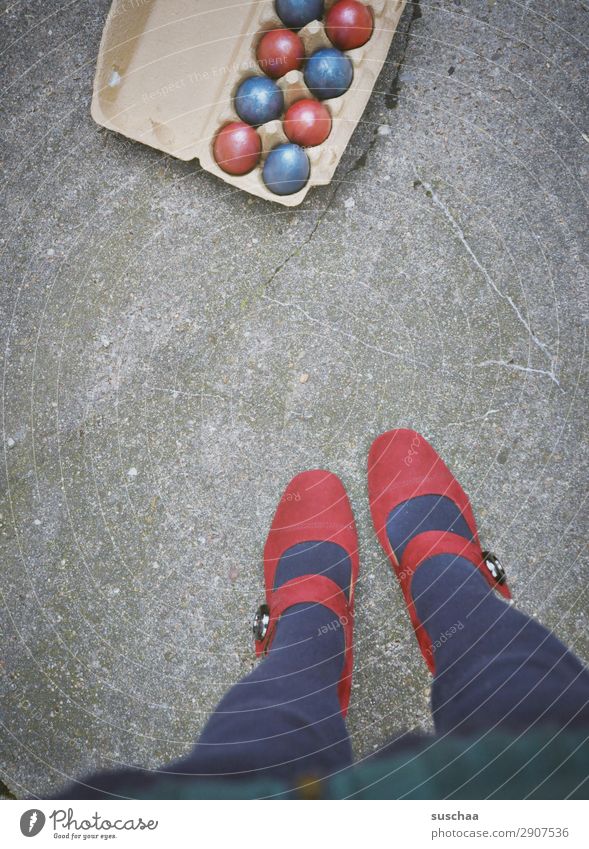 Happy Easter Feasts & Celebrations Easter egg Multicoloured Red Blue Street Asphalt City life Legs Feet High heels feminine Human being Woman Strange