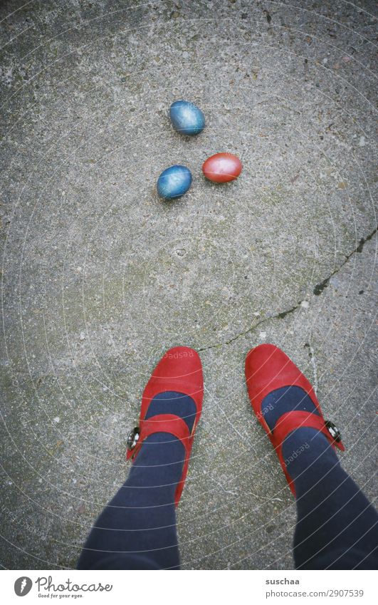 one - two - three - easter egg Easter Feasts & Celebrations Easter egg Multicoloured Red Blue Street Asphalt City life Legs Feet High heels feminine Human being