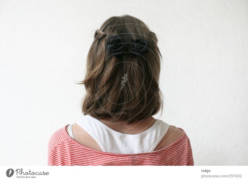 rear view Human being Girl Infancy Youth (Young adults) Life Hair and hairstyles Back 1 Brunette Long-haired Braids Stand Beautiful Identity Looking away Slick