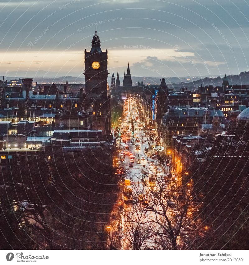 View at dusk of Princes Street in Edinburgh House (Residential Structure) Town Tower Transport Rush hour Hospitality balmoral Great Britain Scotland Lighting