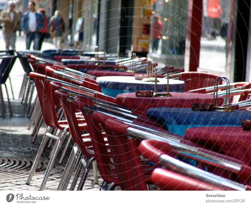 nothing going on Empty Chair Red Sidewalk café Table Deserted Pedestrian precinct Formulated Nutrition city cafe