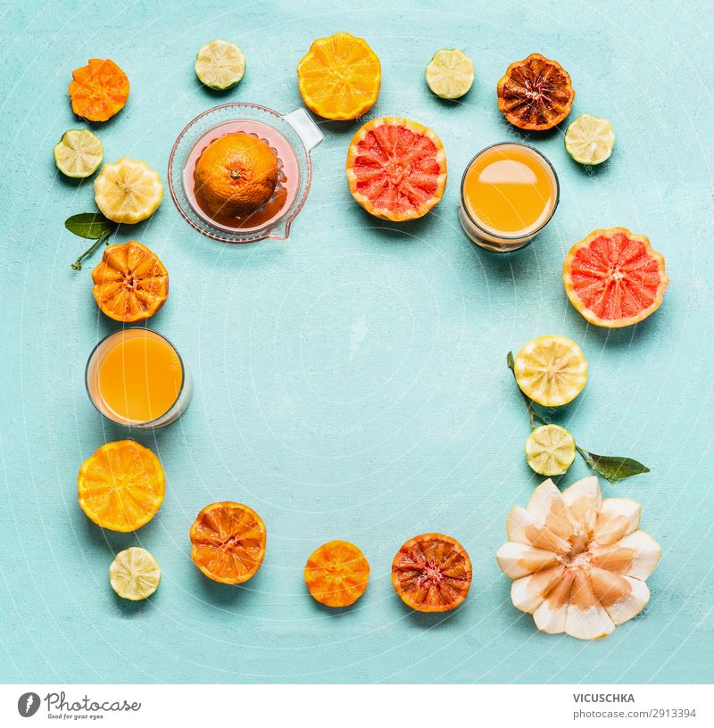 Citrus fruits with citrus juice, frame Food Fruit Orange Beverage Juice Crockery Glass Shopping Style Design Healthy Healthy Eating Yellow Vitamin C Grapefruit