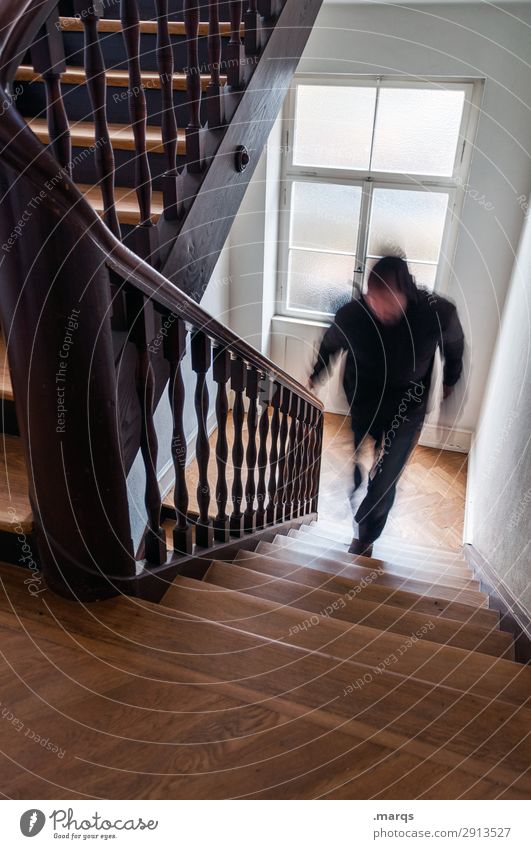 Forgot your car key Man Adults 1 Human being Stairs Staircase (Hallway) Running Speed Movement Stress Colour photo Interior shot Copy Space bottom Motion blur